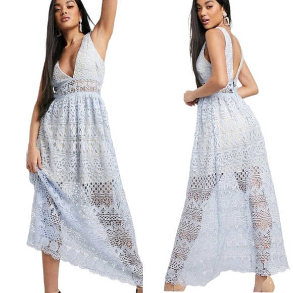 Love Triangle V Neck Lace Overlay Midi Dress Dusky Blue Small - Picture 1 of 17